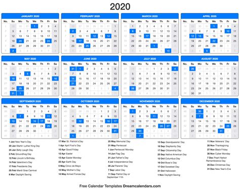 national holiday calendar 2020 daily